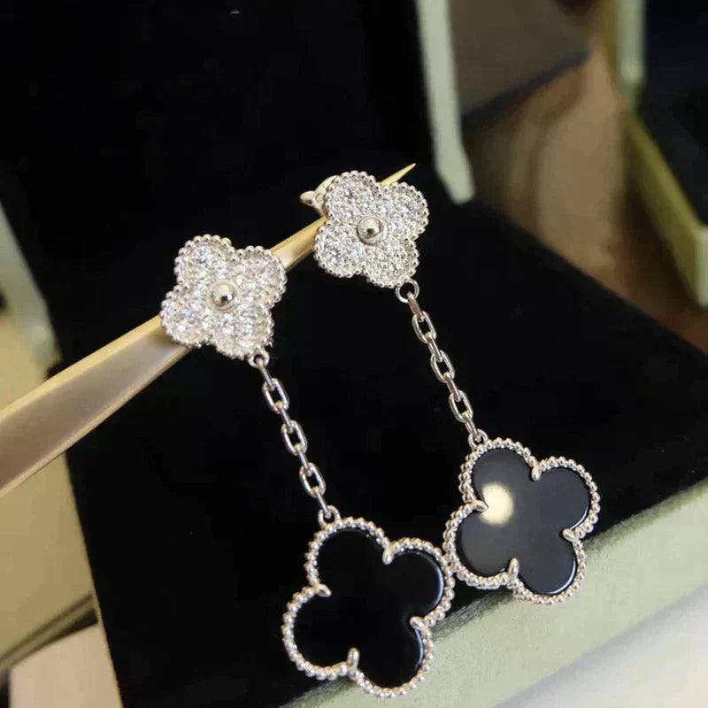 [Kincade Jewelrys]CLOVER 2 MOTIFS  DIAMOND ONYX EARRINGS SILVER