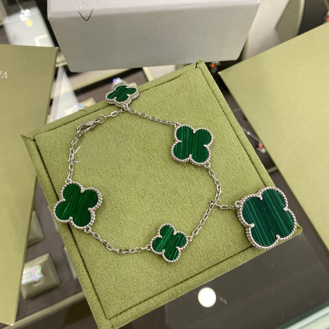 [Kincade Jewelrys]CLOVER 5 MOTIFS SIVLER MALACHITE BRACELET