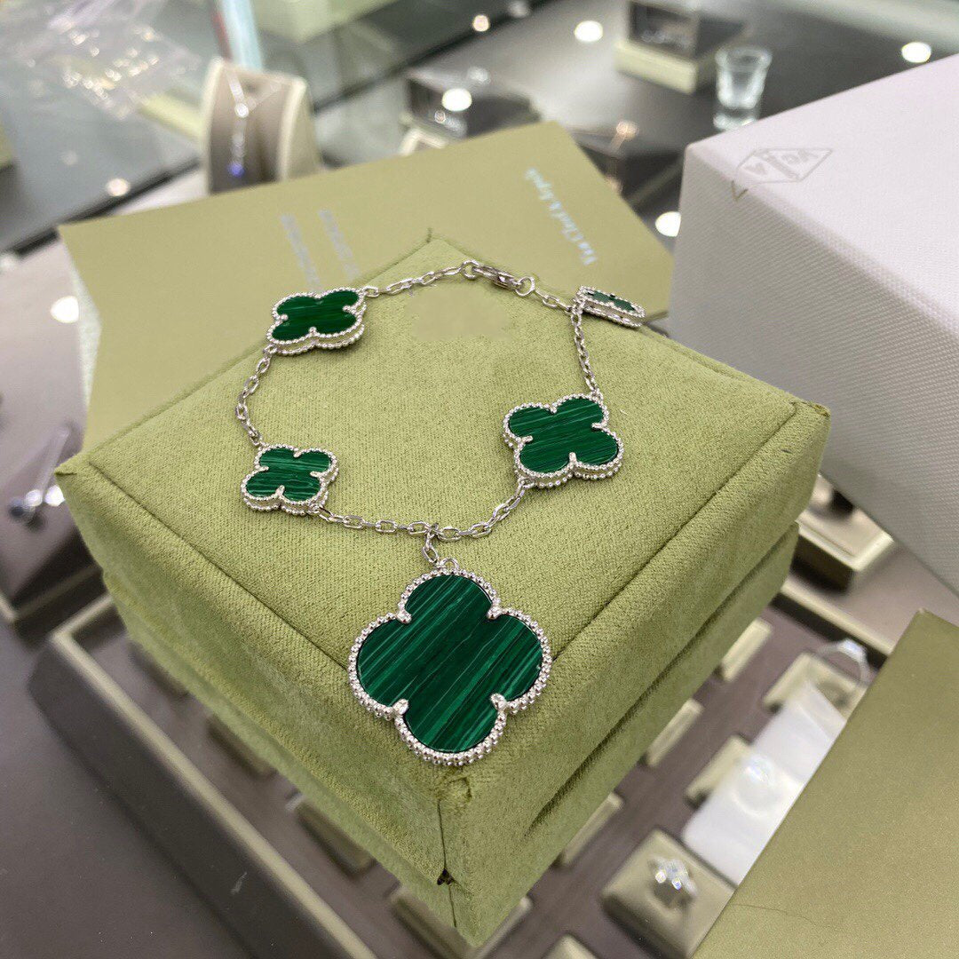 [Kincade Jewelrys]CLOVER 5 MOTIFS SIVLER MALACHITE BRACELET