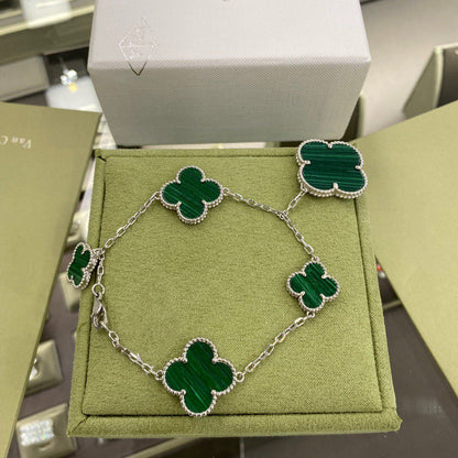 [Kincade Jewelrys]CLOVER 5 MOTIFS SIVLER MALACHITE BRACELET