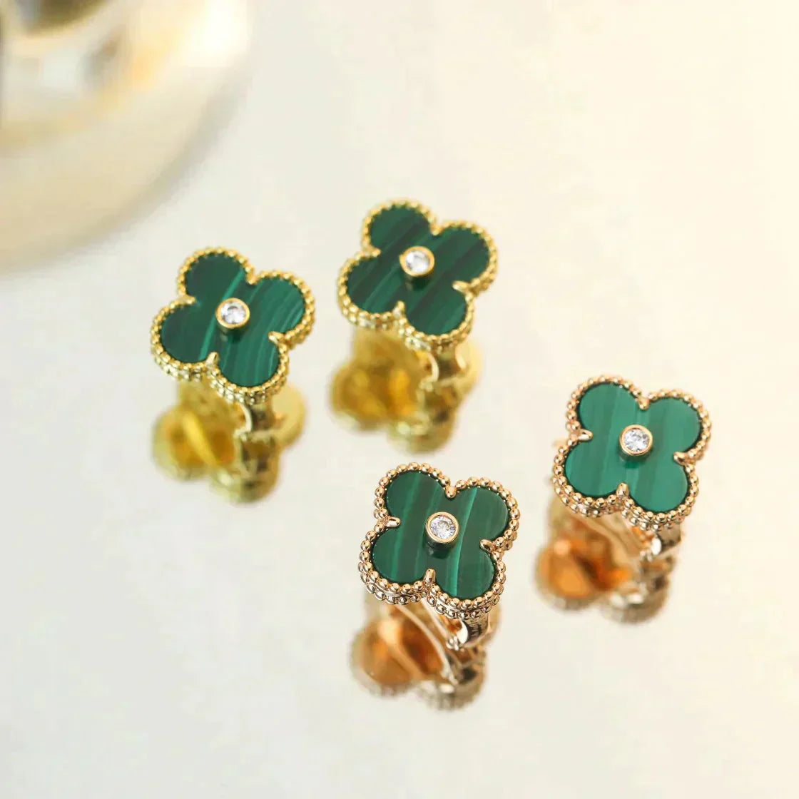[Kincade Jewelrys]CLOVER MEDIUM 1 MOTIFS MALACHITE DIAMOND EARRINGS