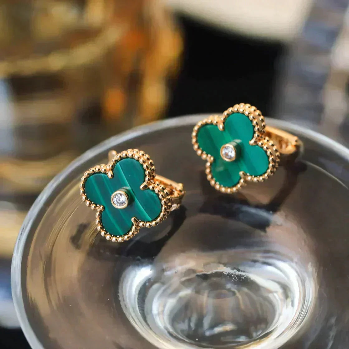 [Kincade Jewelrys]CLOVER MEDIUM 1 MOTIFS MALACHITE DIAMOND EARRINGS
