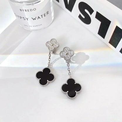 [Kincade Jewelrys]CLOVER 2 MOTIFS  DIAMOND ONYX EARRINGS SILVER
