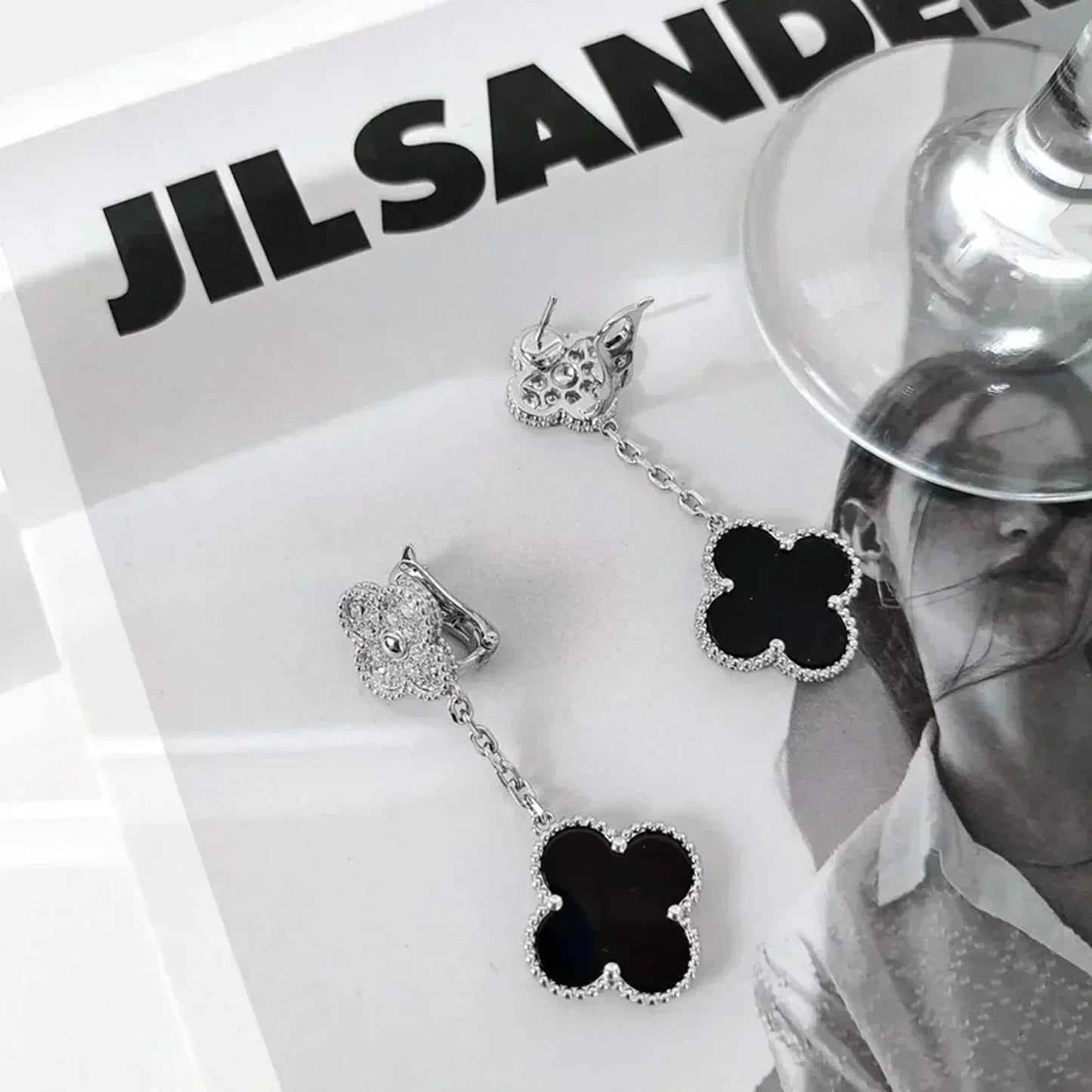 [Kincade Jewelrys]CLOVER 2 MOTIFS  DIAMOND ONYX EARRINGS SILVER