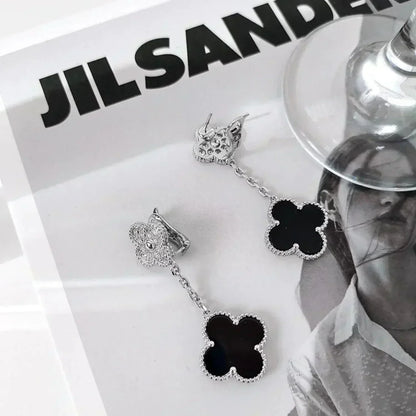 [Kincade Jewelrys]CLOVER 2 MOTIFS  DIAMOND ONYX EARRINGS SILVER