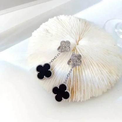 [Kincade Jewelrys]CLOVER 2 MOTIFS  DIAMOND ONYX EARRINGS SILVER