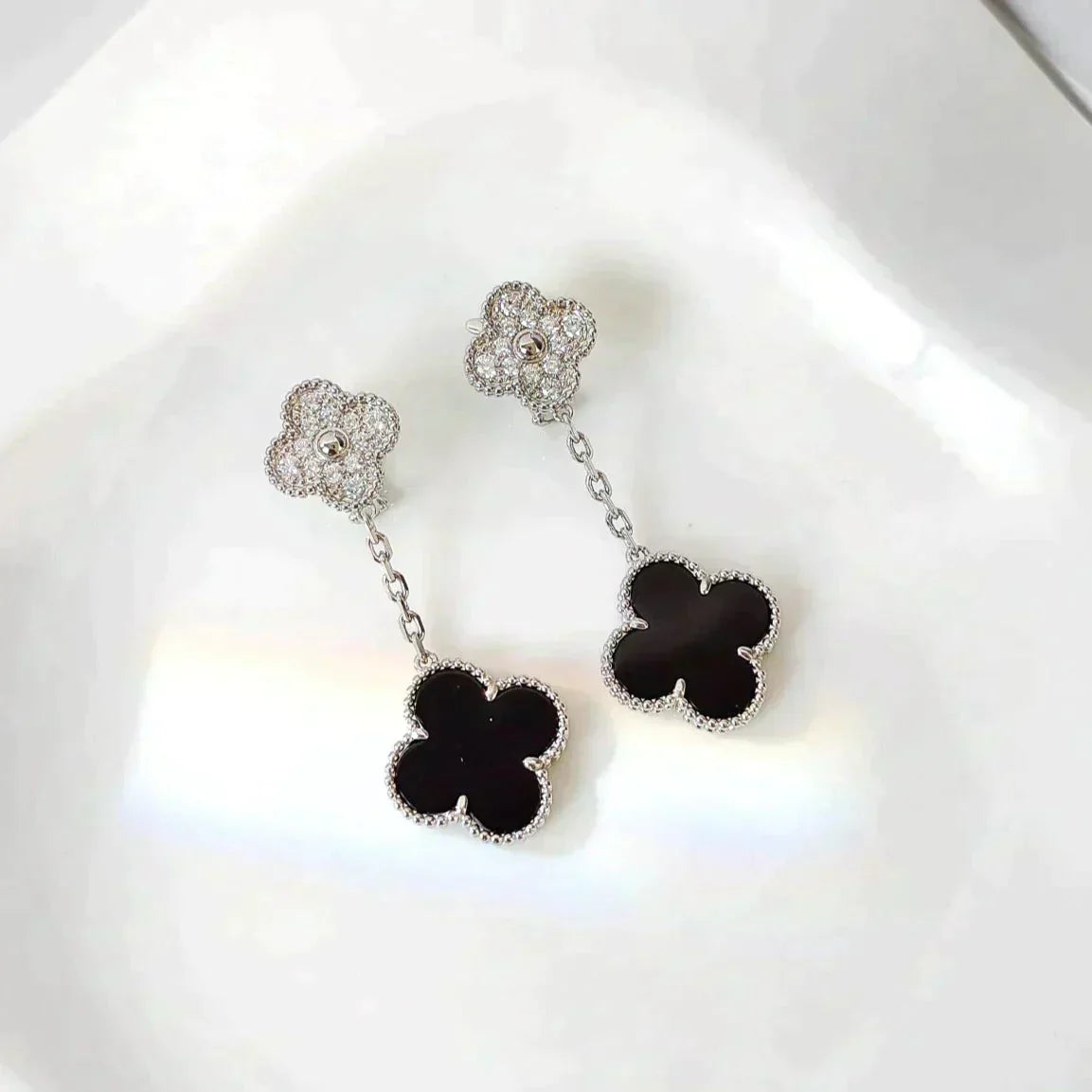 [Kincade Jewelrys]CLOVER 2 MOTIFS  DIAMOND ONYX EARRINGS SILVER
