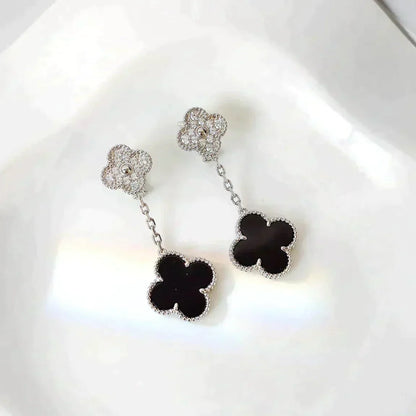 [Kincade Jewelrys]CLOVER 2 MOTIFS  DIAMOND ONYX EARRINGS SILVER