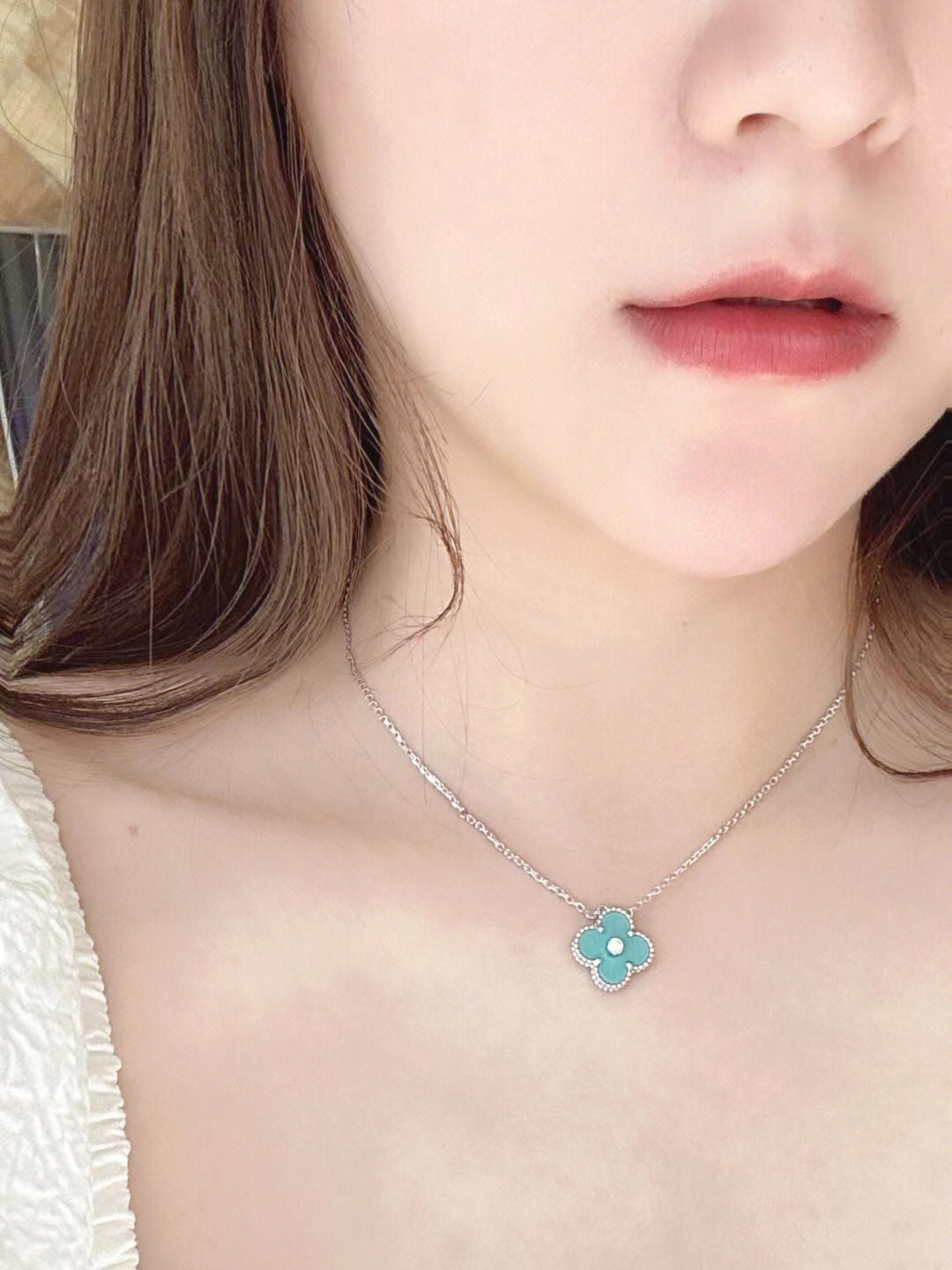[Kincade Jewelrys]CLOVER 1 DIAMOND LIGHT BLUE SILVER NECKLACE