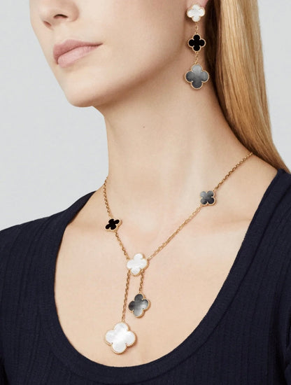 [Kincade Jewelrys]CLOVER 3 MOTIF MOP ONYX DARK MOP PINK GOLD EARRINGS