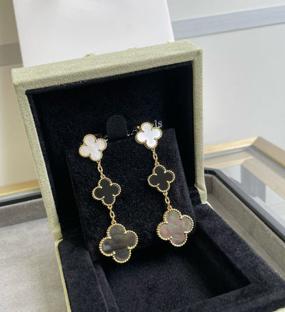[Kincade Jewelrys]CLOVER 3 MOTIF MOP ONYX DARK MOP PINK GOLD EARRINGS