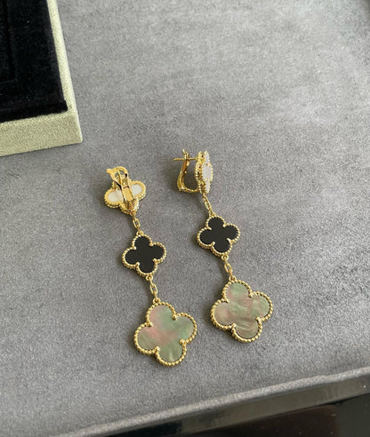 [Kincade Jewelrys]CLOVER 3 MOTIF MOP ONYX DARK MOP PINK GOLD EARRINGS