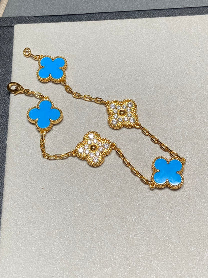 [Kincade Jewelrys]CLOVER 5 MOTIF BLUE CHALCEDONY DIAMOND GOLD BRACELET