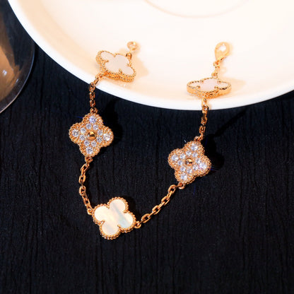 [Kincade Jewelrys]CLOVER BRACELET 5 MOTIF WHITE MOP DIAMOND