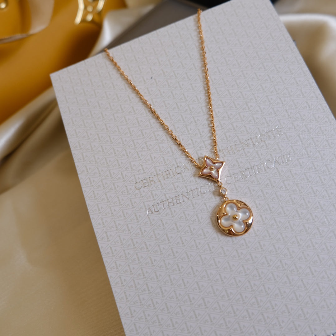 [Kincade Jewelrys]STAR AND SUN WHITE MOP 2 MOTIF PINK GOLD NECKLACE
