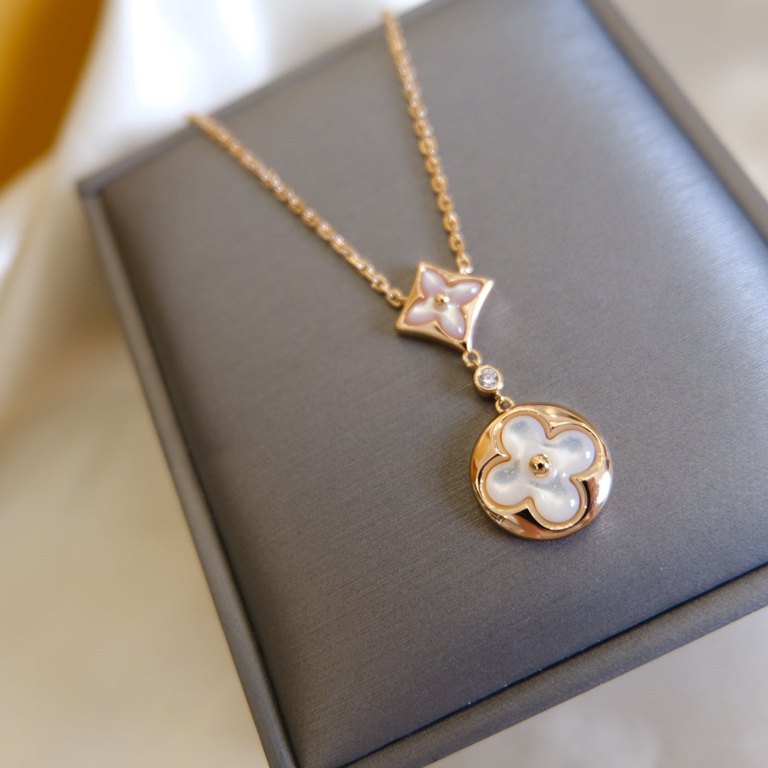 [Kincade Jewelrys]STAR AND SUN WHITE MOP 2 MOTIF PINK GOLD NECKLACE