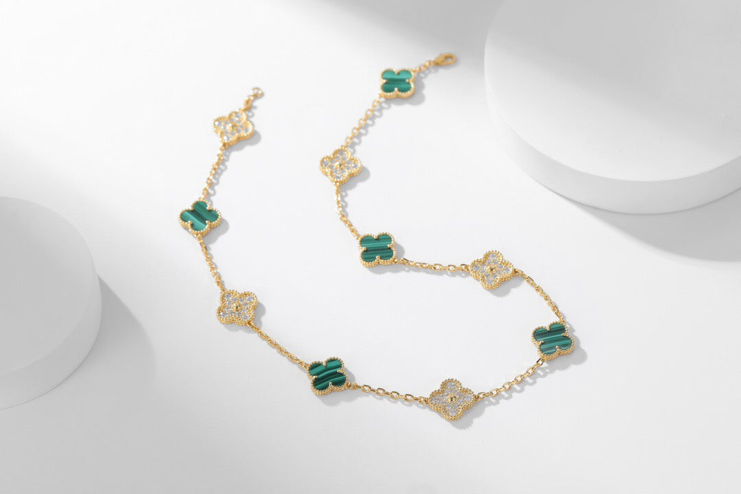 [Kincade Jewelrys]CLOVER 10 MOTIFS MALACHITE DIAMOND NECKLACE