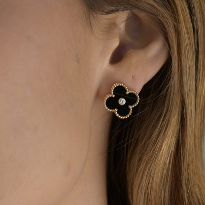 [Kincade Jewelrys]CLOVER MEDIUM 1 MOTIFS ONYX DIAMOND EARRINGS