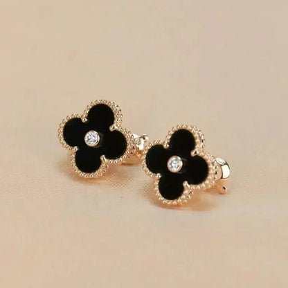 [Kincade Jewelrys]CLOVER MEDIUM 1 MOTIFS ONYX DIAMOND EARRINGS
