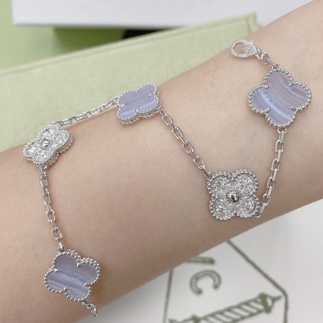 [Kincade Jewelrys]CLOVER  5 MOTIF DIAMOND PURPLE CHALCEDONY BRACELET SILVER