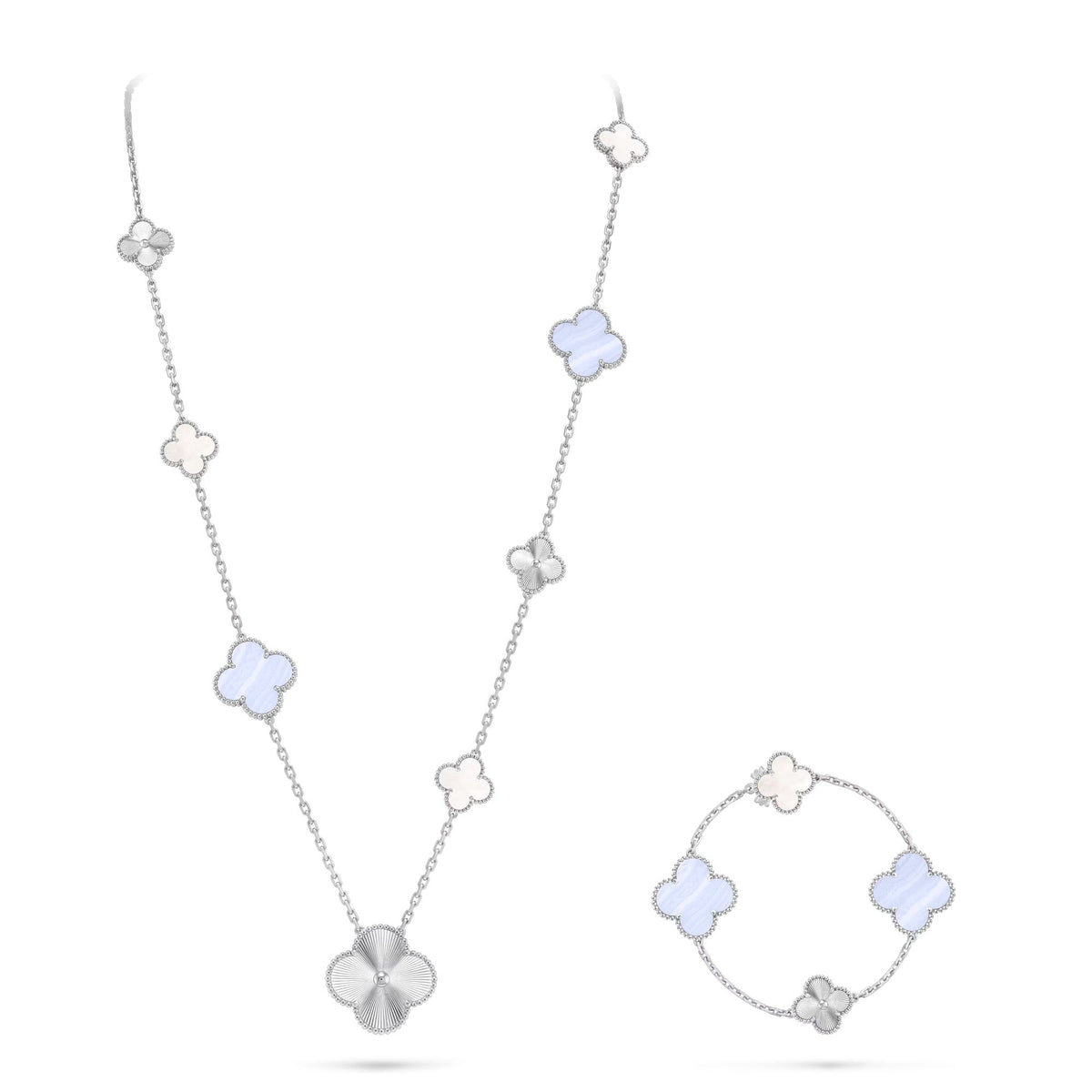 [Kincade]DETACHABLE CLOVER 15(11+4) FLOWER SILVER NECKLACE SET