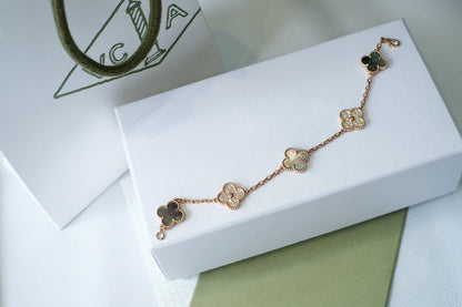 [Kincade Jewelrys]CLOVER 5 MOTIFS DARK MOP AND DIAMONDS PINK GOLD BRACELET